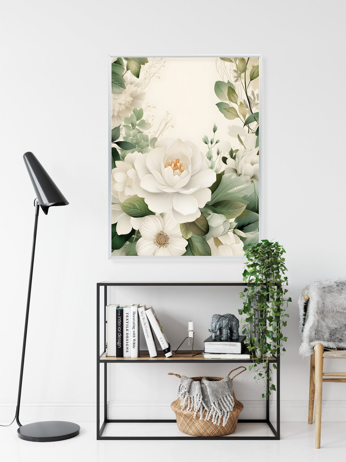 Poster Weiße Blüten Mit Grünen Blättern Rahmen Hölzern Farbe Weiß