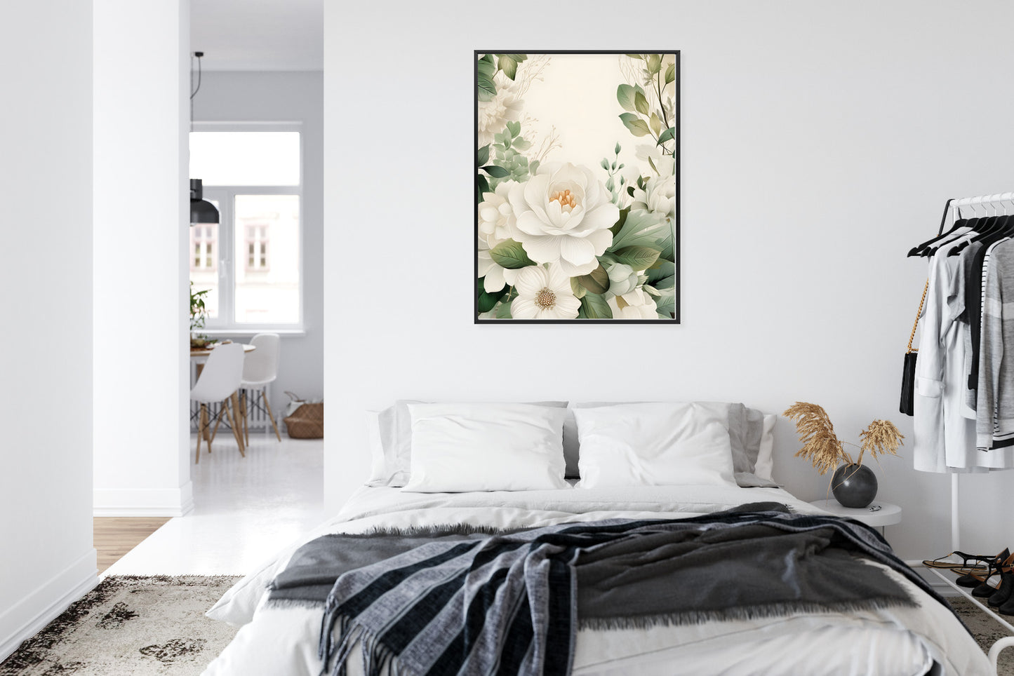 Poster Weiße Blüten Mit Grünen Blättern Rahmen Hölzern Farbe Weiß