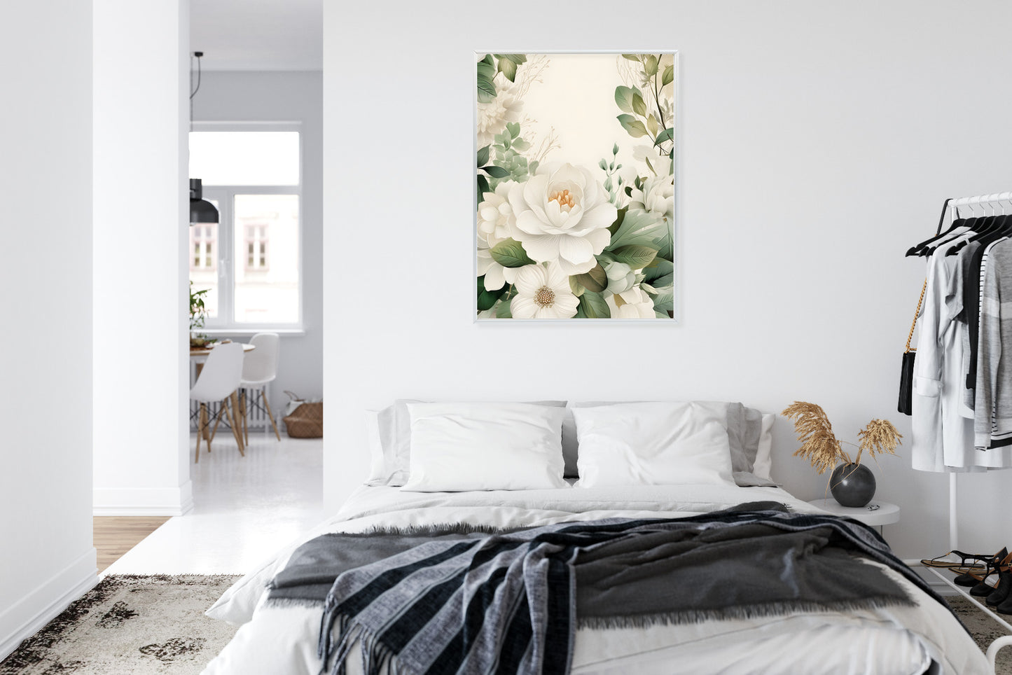 Poster Weiße Blüten Mit Grünen Blättern Rahmen Hölzern Farbe Weiß