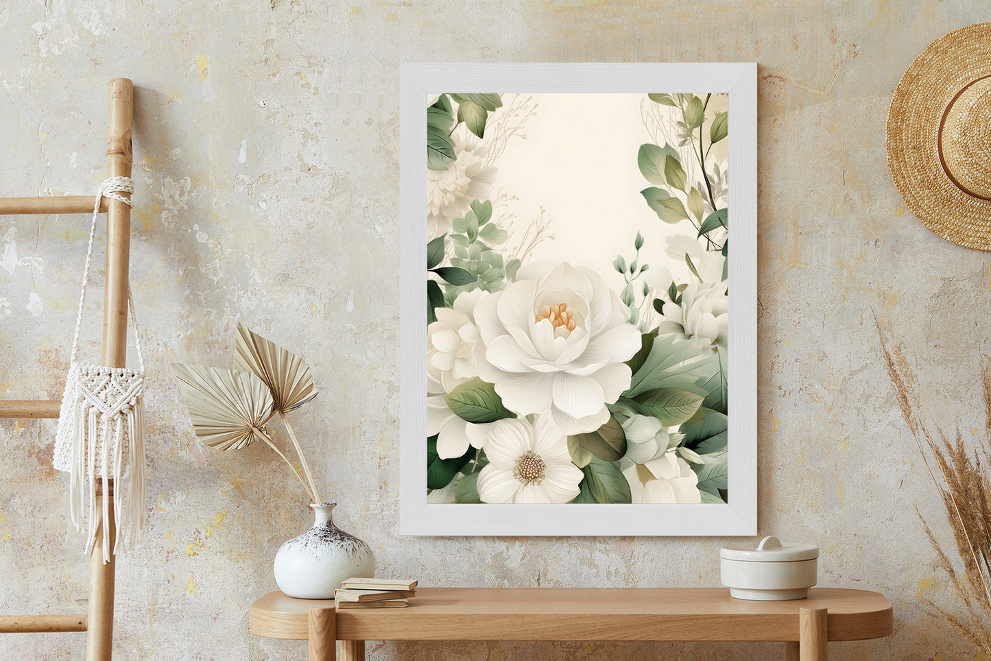Poster Weiße Blüten Mit Grünen Blättern Rahmen Hölzern Farbe Weiß
