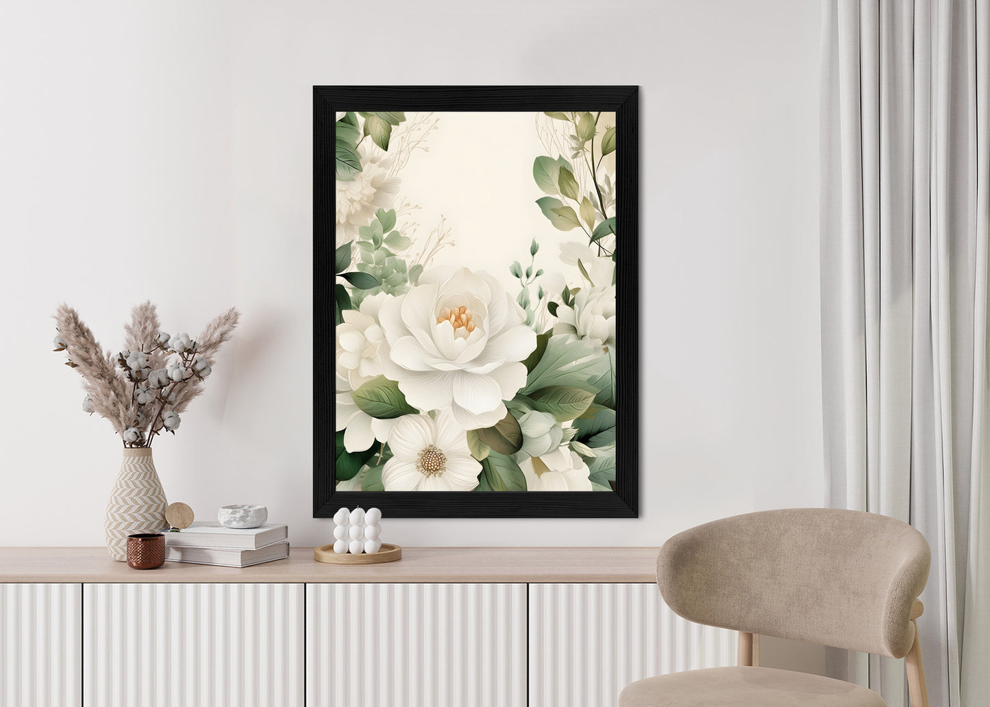 Poster Weiße Blüten Mit Grünen Blättern Rahmen Hölzern Farbe Weiß