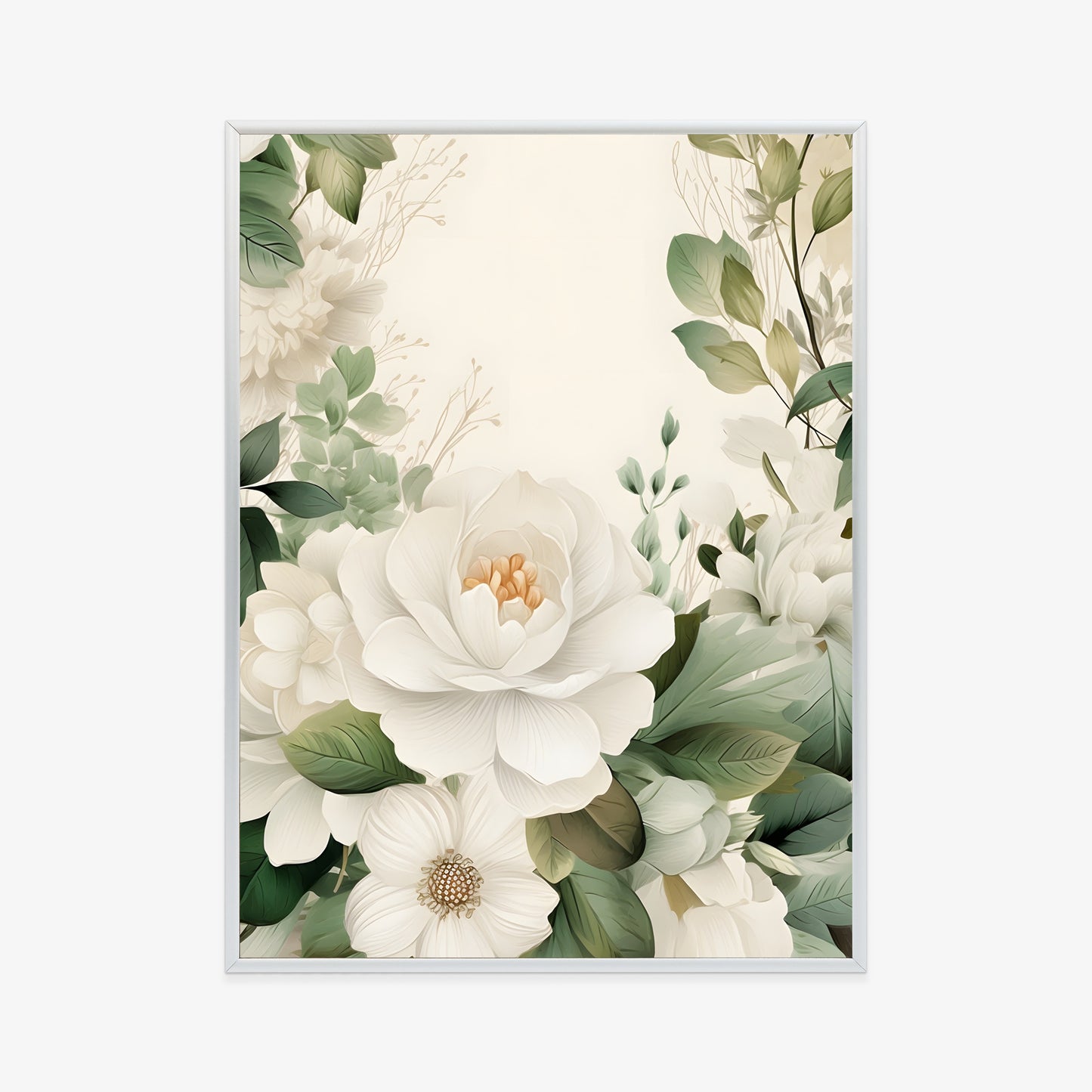 Poster Weiße Blüten Mit Grünen Blättern Rahmen Hölzern Farbe Weiß