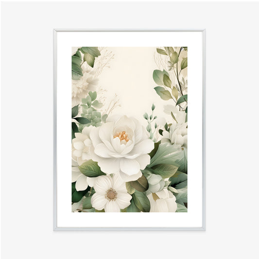 Poster Weiße Blüten Mit Grünen Blättern Rahmen Hölzern Farbe Weiß