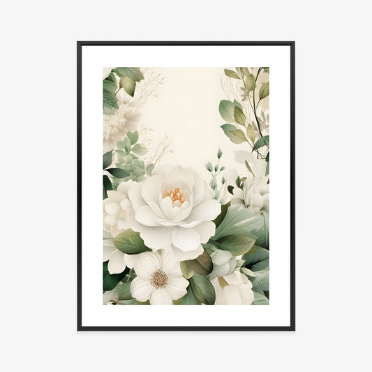 Poster Weiße Blüten Mit Grünen Blättern Rahmen Hölzern Farbe Weiß