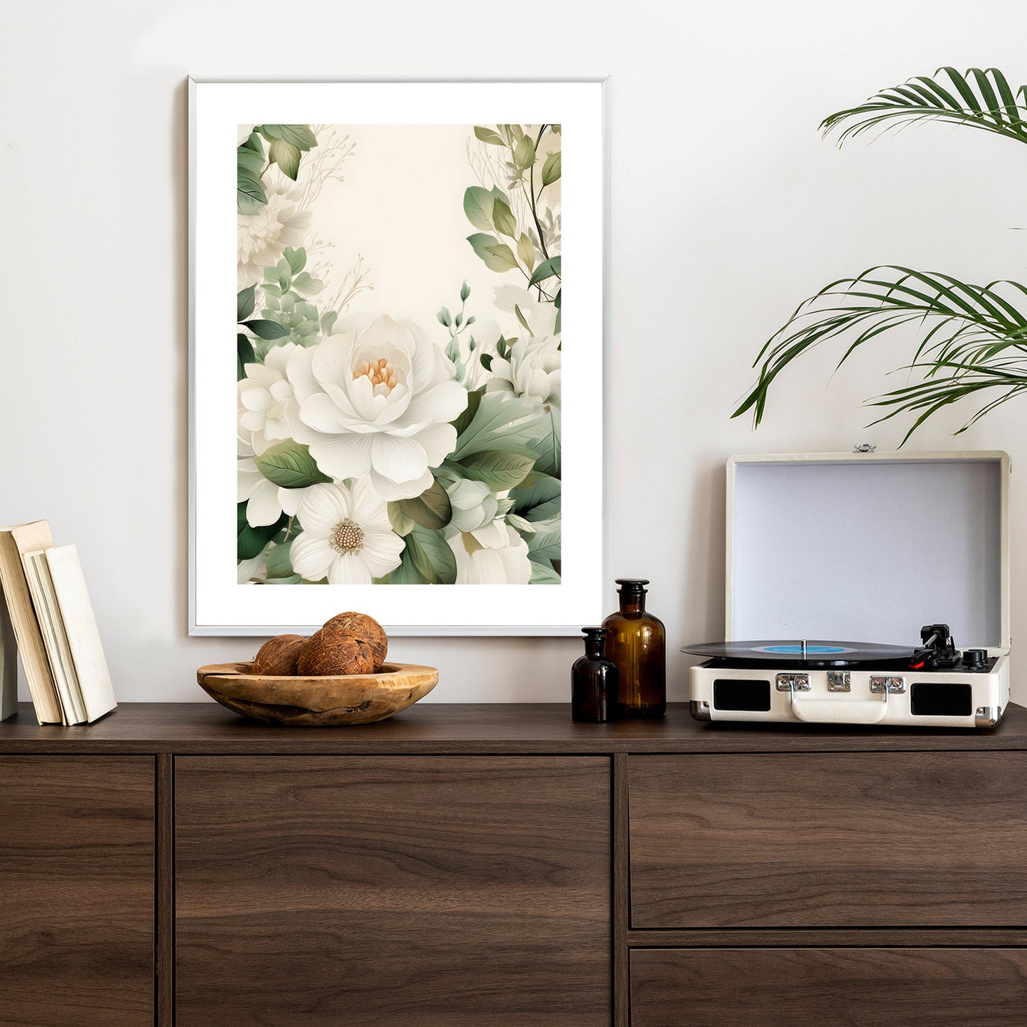 Poster Weiße Blüten Mit Grünen Blättern Rahmen Hölzern Farbe Weiß