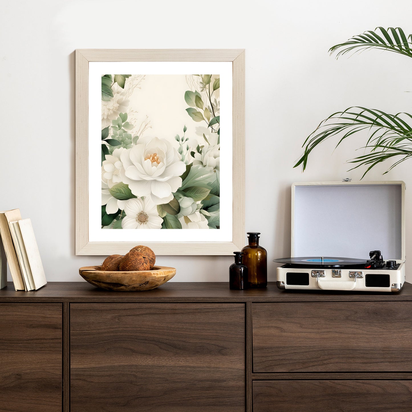 Poster Weiße Blüten Mit Grünen Blättern Rahmen Hölzern Farbe Weiß