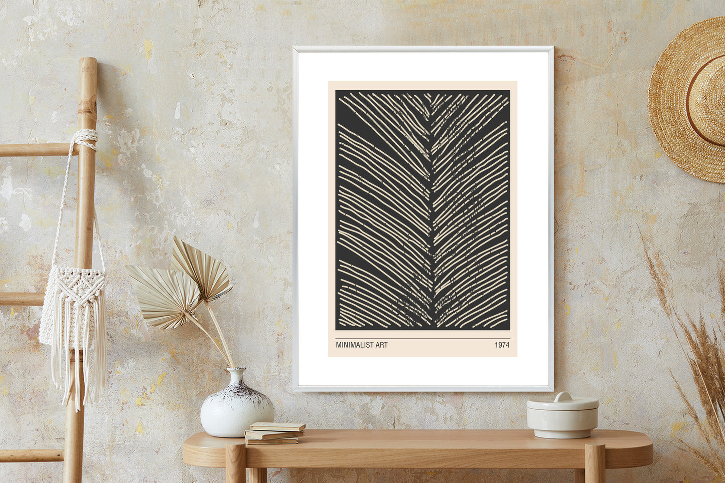Poster Minimalistische Blattgrafiken Rahmen Holz Mit Passepartout Farbe Natürlich