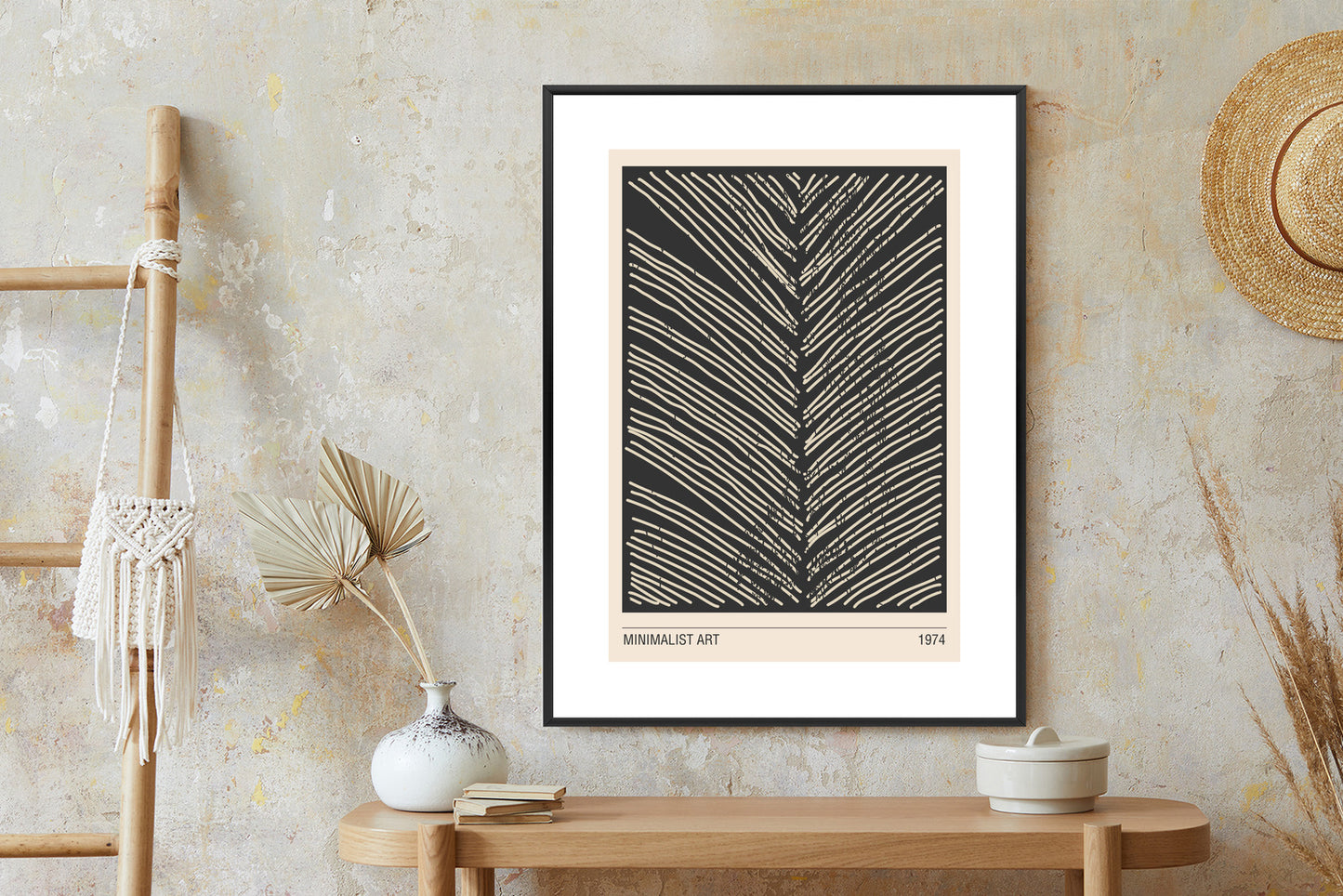 Poster Minimalistische Blattgrafiken Rahmen Holz Mit Passepartout Farbe Natürlich
