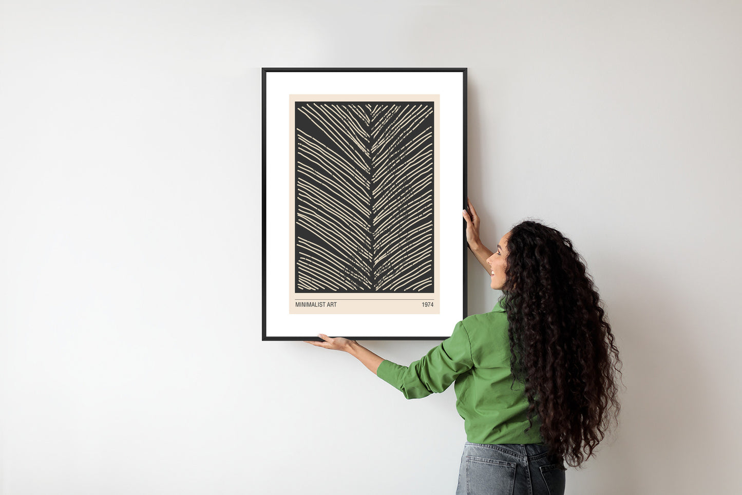 Poster Minimalistische Blattgrafiken Rahmen Holz Mit Passepartout Farbe Natürlich