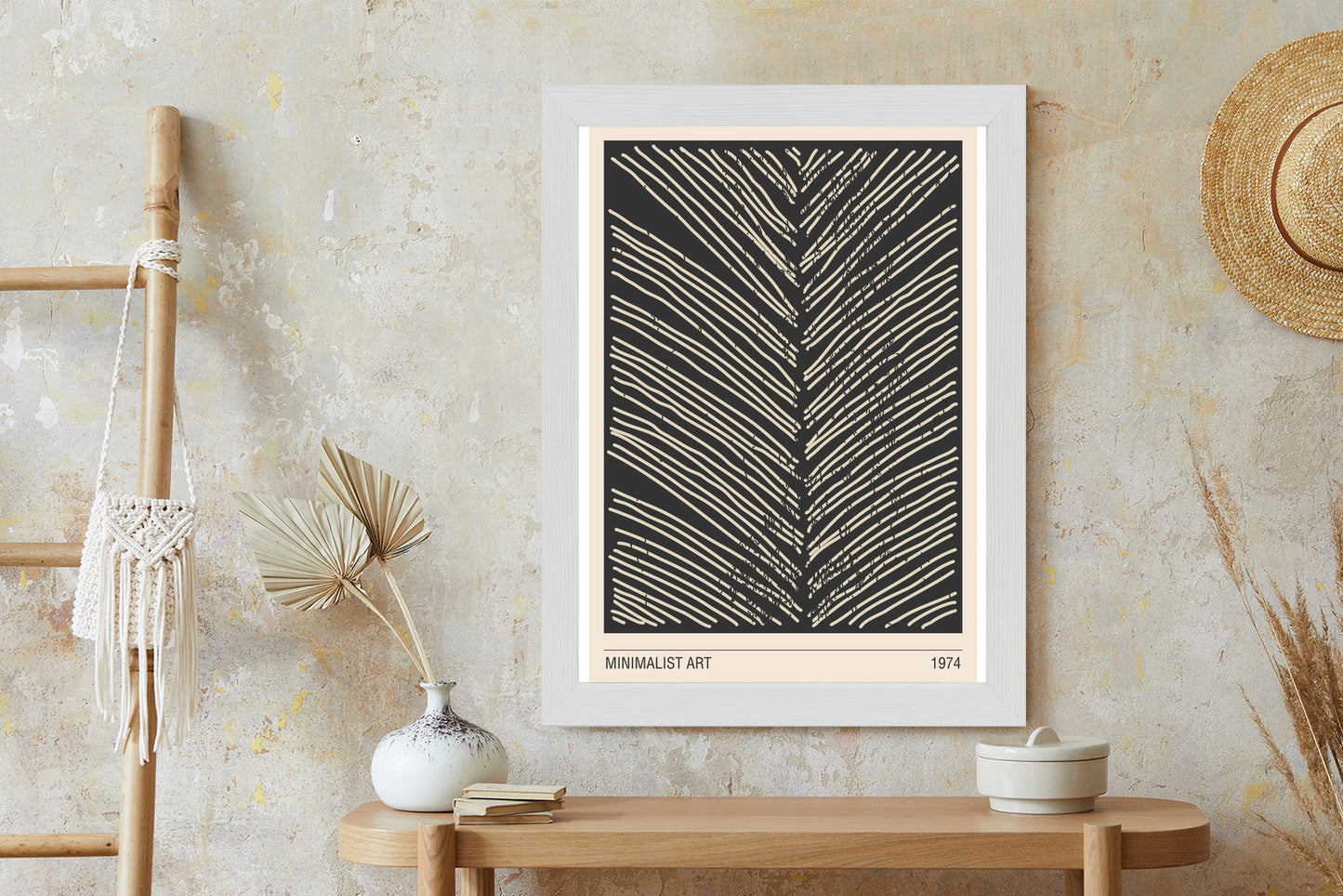 Poster Minimalistische Blattgrafiken Rahmen Holz Mit Passepartout Farbe Natürlich