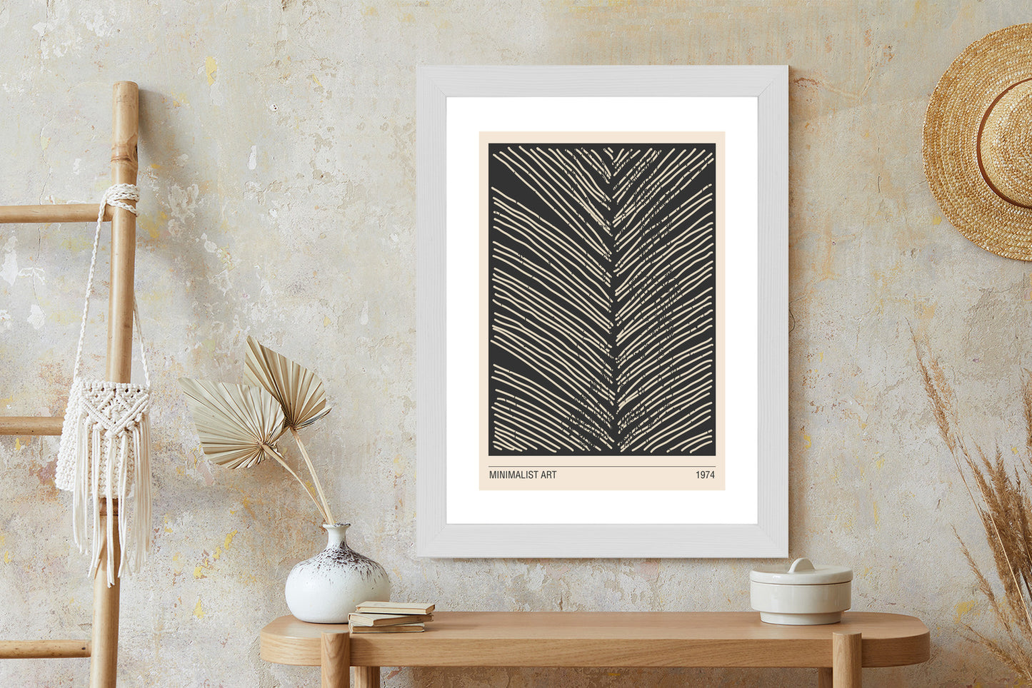 Poster Minimalistische Blattgrafiken Rahmen Holz Mit Passepartout Farbe Natürlich