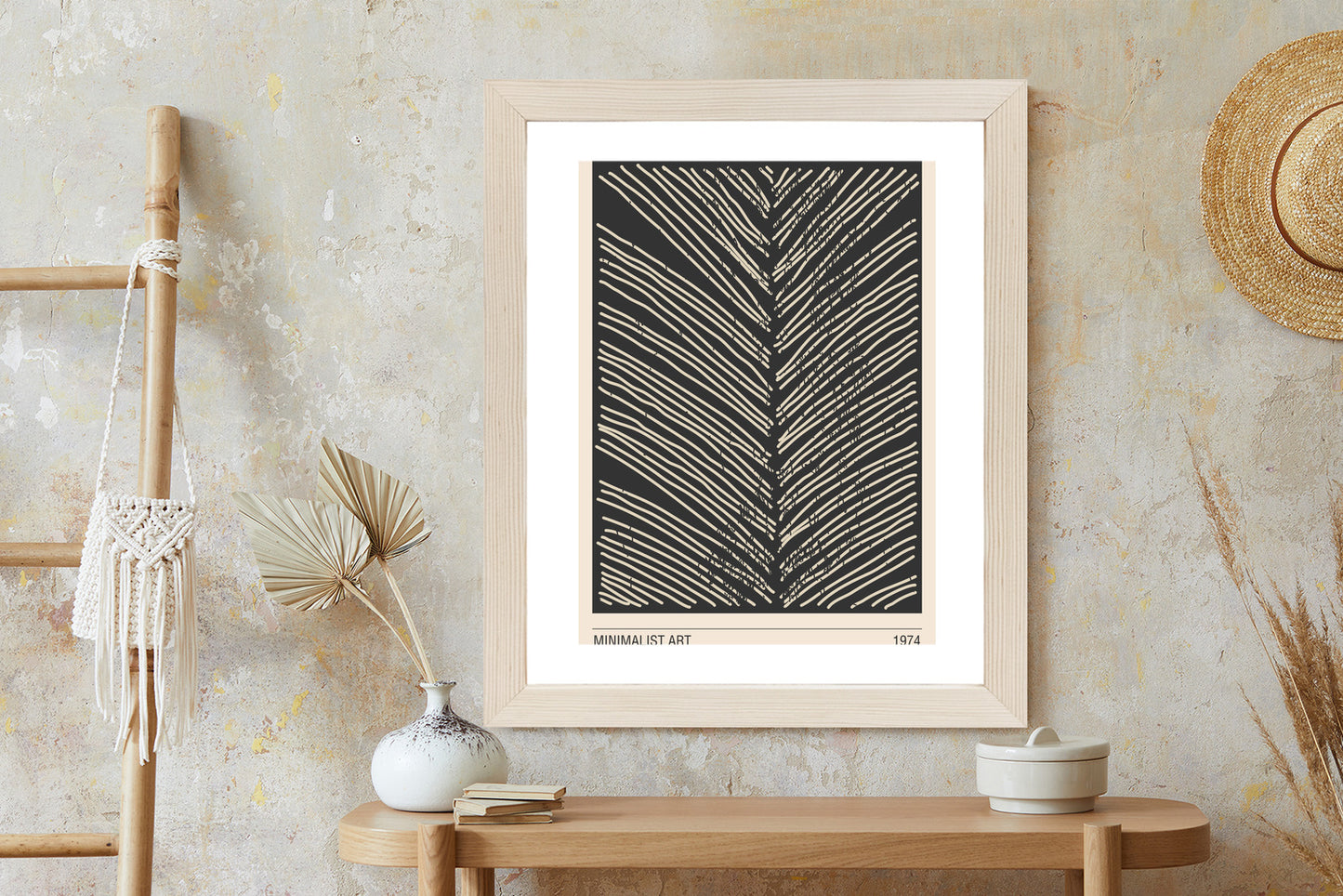 Poster Minimalistische Blattgrafiken Rahmen Holz Mit Passepartout Farbe Natürlich