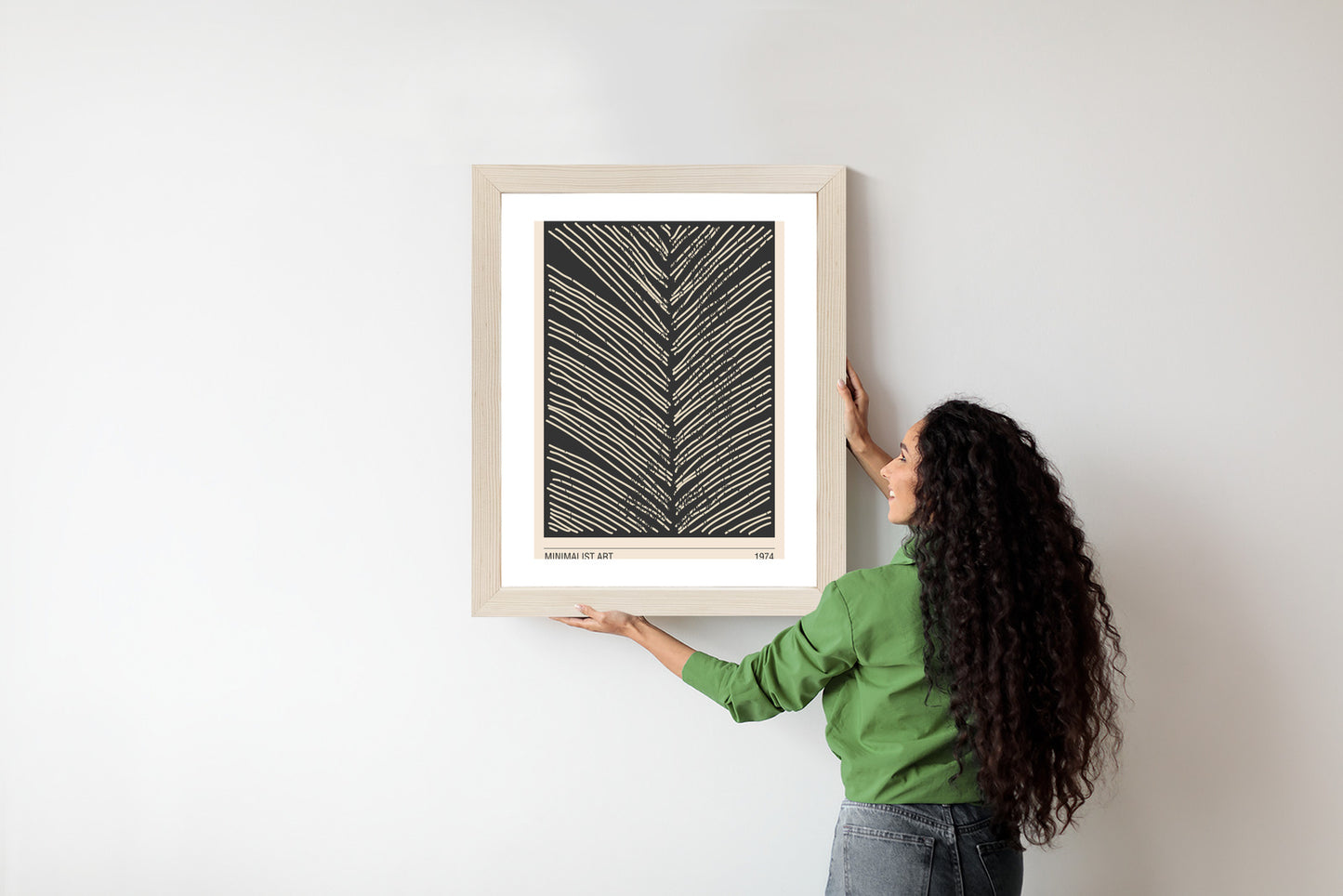 Poster Minimalistische Blattgrafiken Rahmen Holz Mit Passepartout Farbe Natürlich