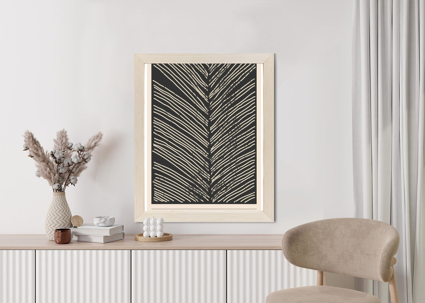 Poster Minimalistische Blattgrafiken Rahmen Holz Mit Passepartout Farbe Natürlich