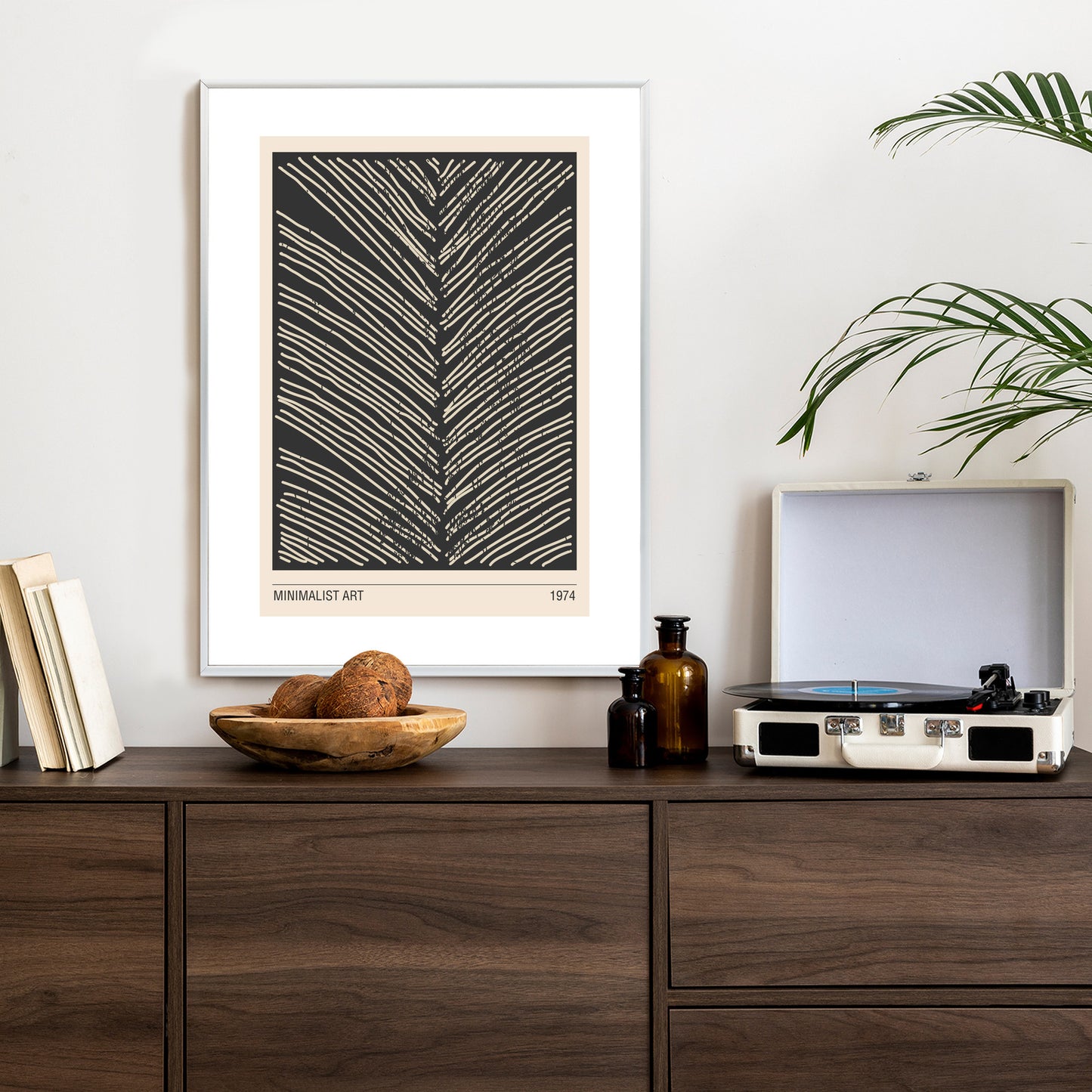 Poster Minimalistische Blattgrafiken Rahmen Holz Mit Passepartout Farbe Natürlich