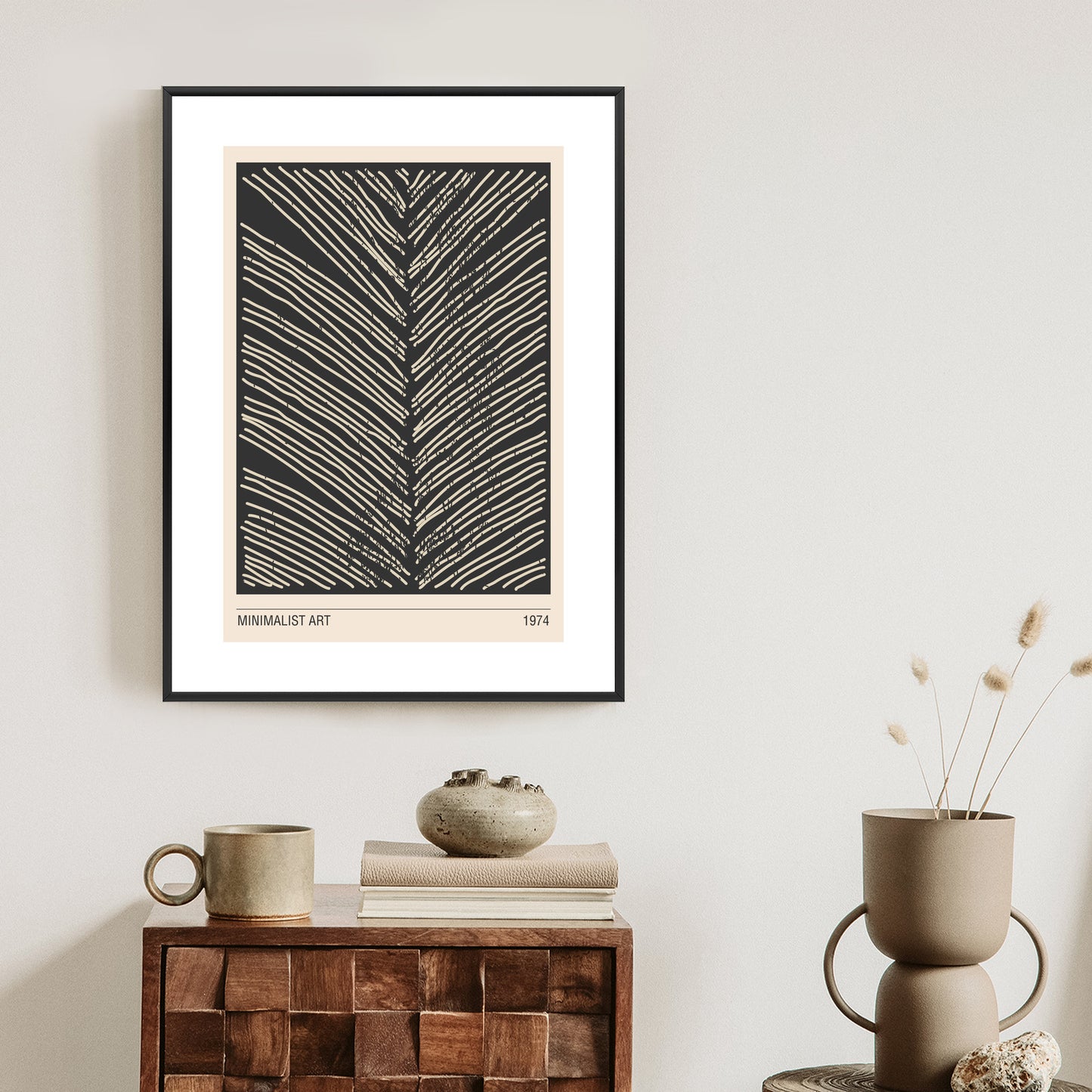 Poster Minimalistische Blattgrafiken Rahmen Holz Mit Passepartout Farbe Natürlich