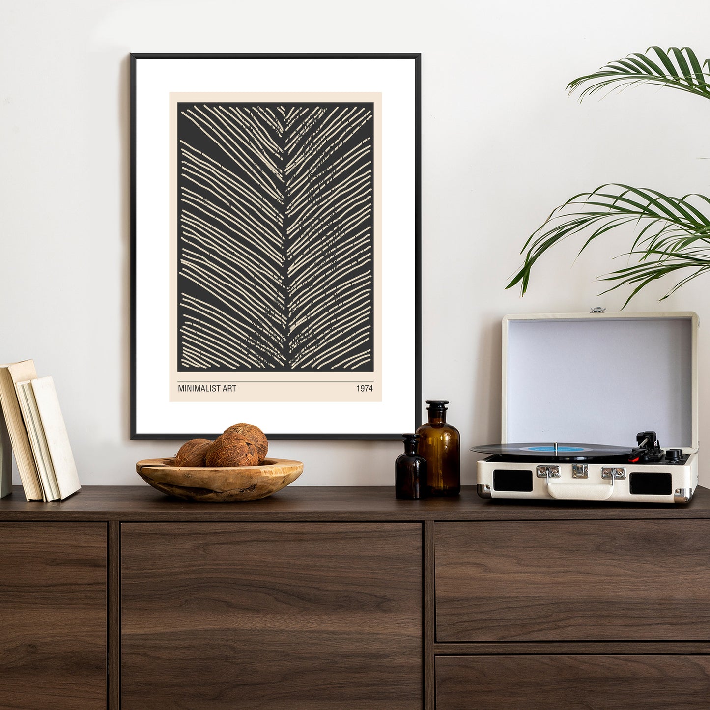 Poster Minimalistische Blattgrafiken Rahmen Holz Mit Passepartout Farbe Natürlich