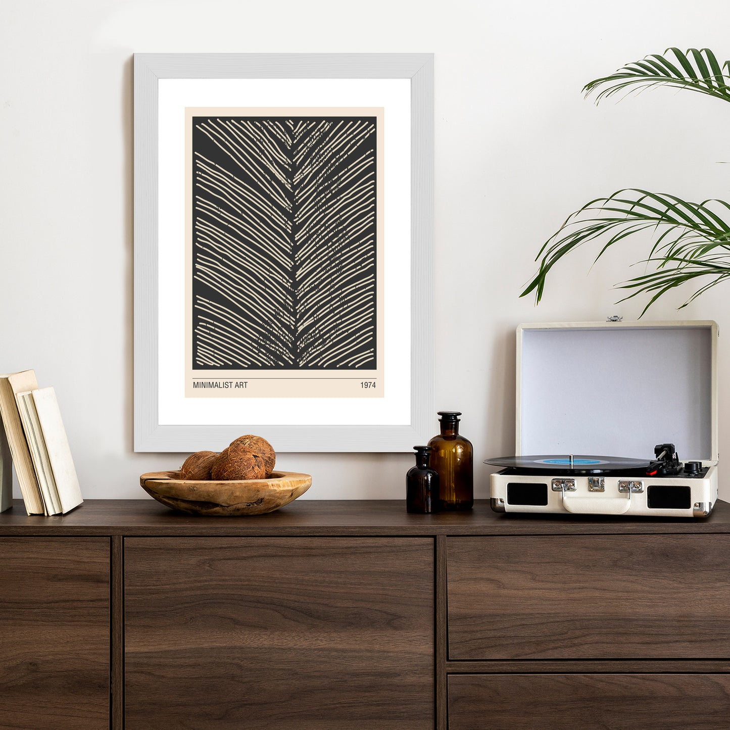 Poster Minimalistische Blattgrafiken Rahmen Holz Mit Passepartout Farbe Natürlich