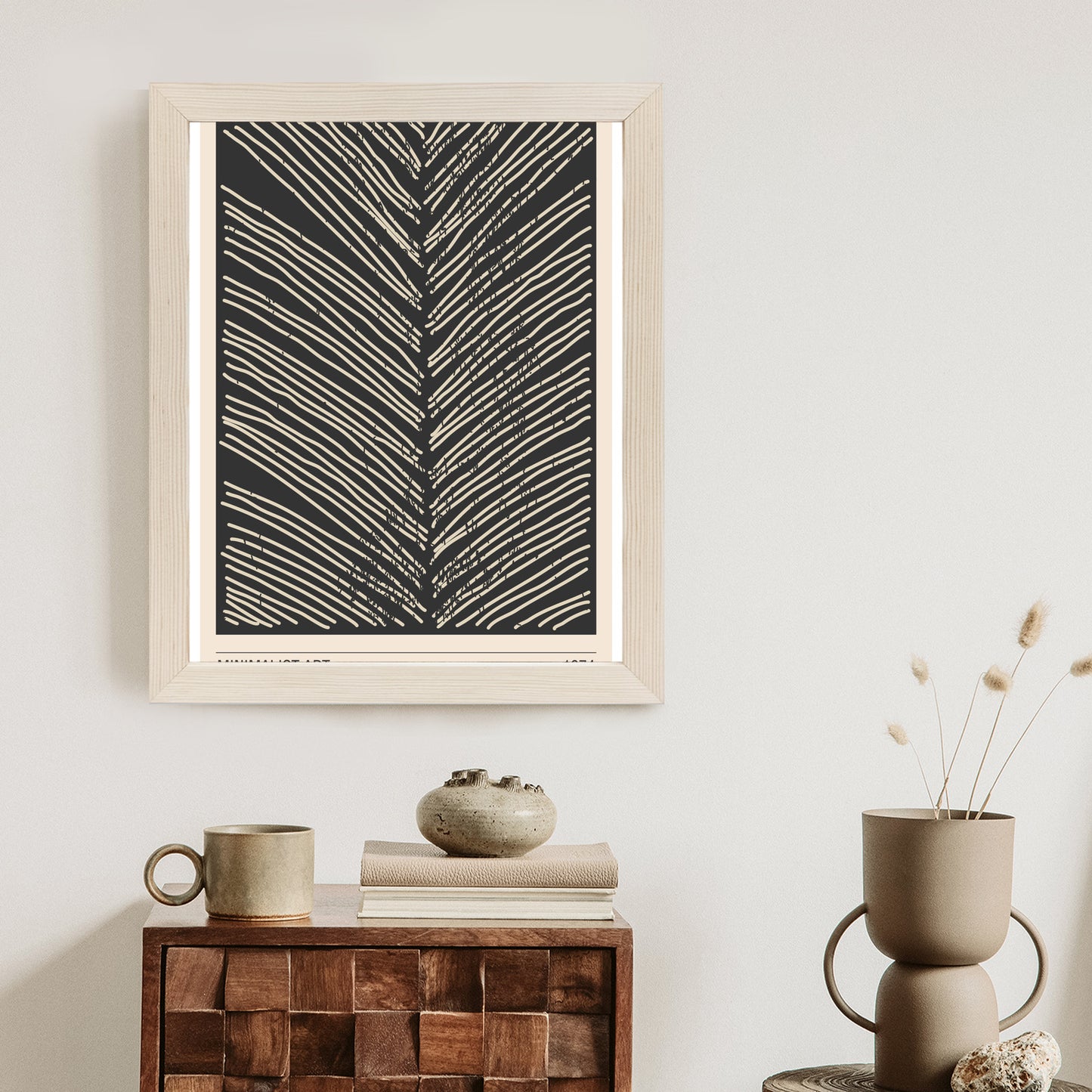 Poster Minimalistische Blattgrafiken Rahmen Holz Mit Passepartout Farbe Natürlich