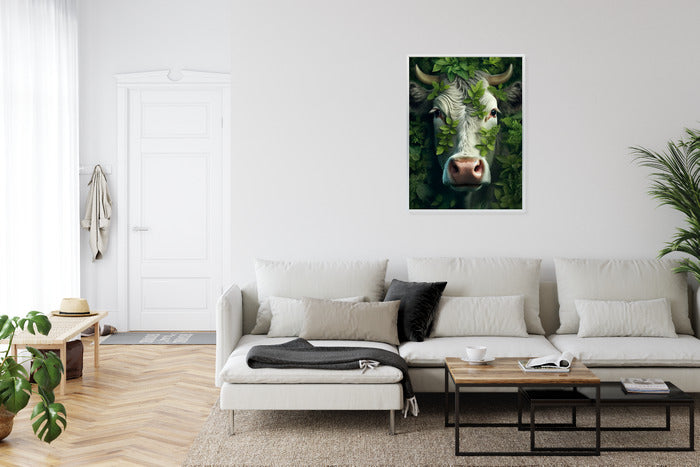 Poster Eine Kuh, Die Aus Den Blättern Auftaucht Rahmen Holz Mit Passepartout Farbe Natürlich
