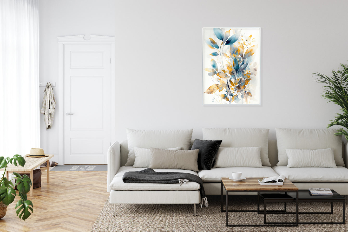 Poster Wunderschöne Transparente Goldblaue Blätter Rahmen Holz Mit Passepartout Farbe Natürlich