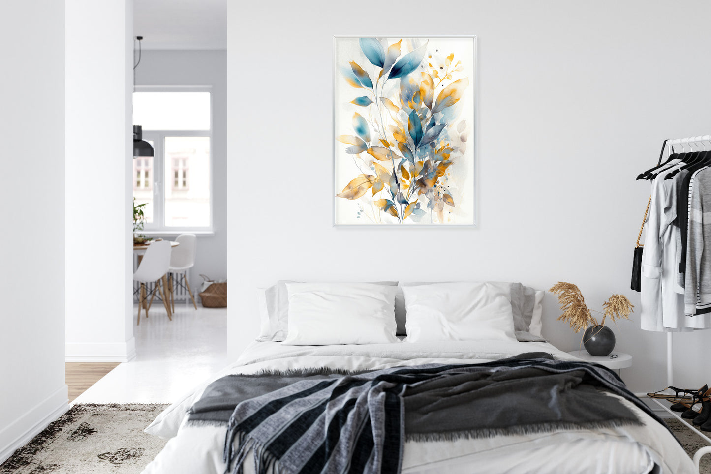 Poster Wunderschöne Transparente Goldblaue Blätter Rahmen Holz Mit Passepartout Farbe Natürlich