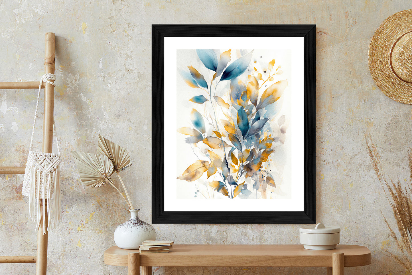 Poster Wunderschöne Transparente Goldblaue Blätter Rahmen Holz Mit Passepartout Farbe Natürlich