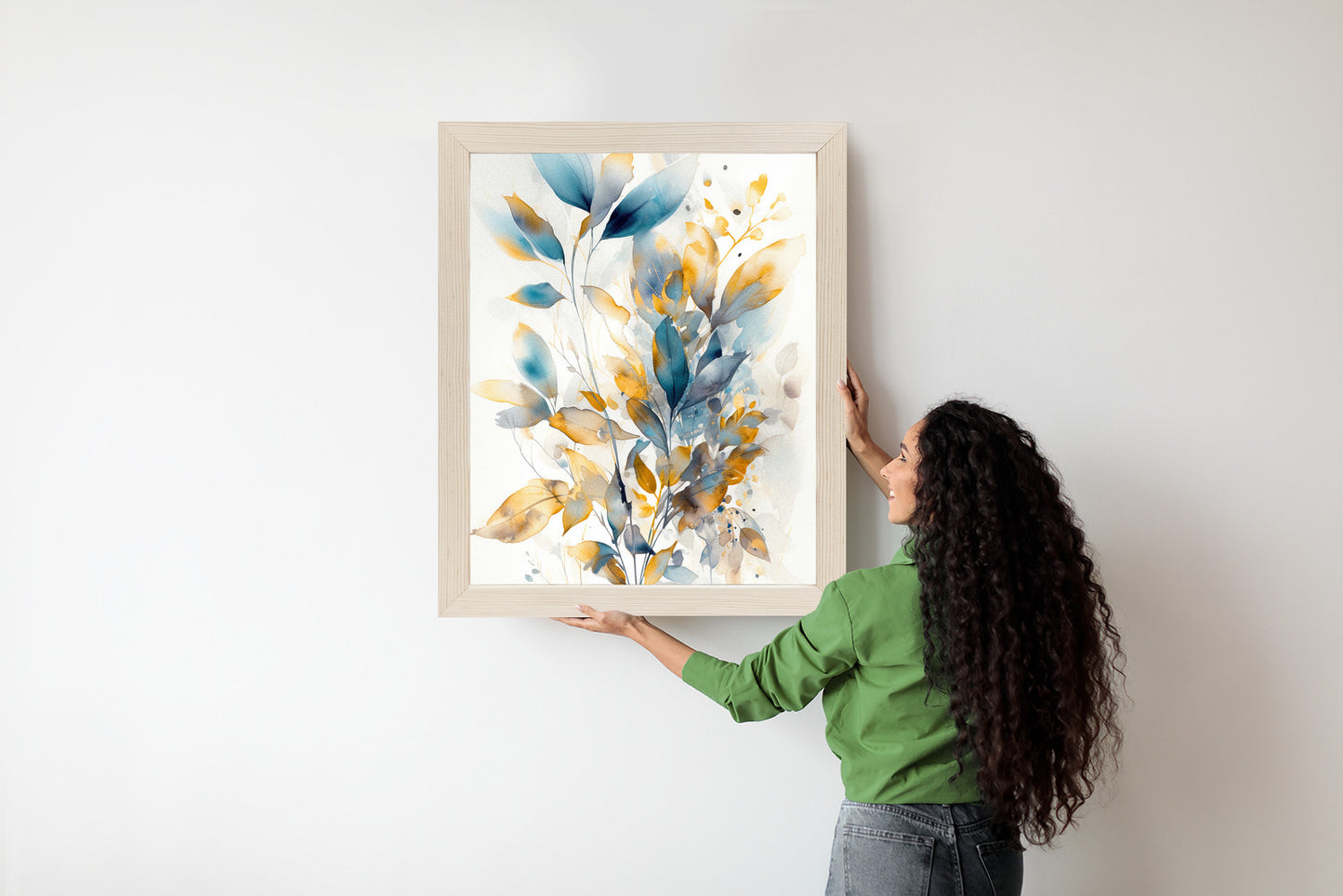 Poster Wunderschöne Transparente Goldblaue Blätter Rahmen Holz Mit Passepartout Farbe Natürlich