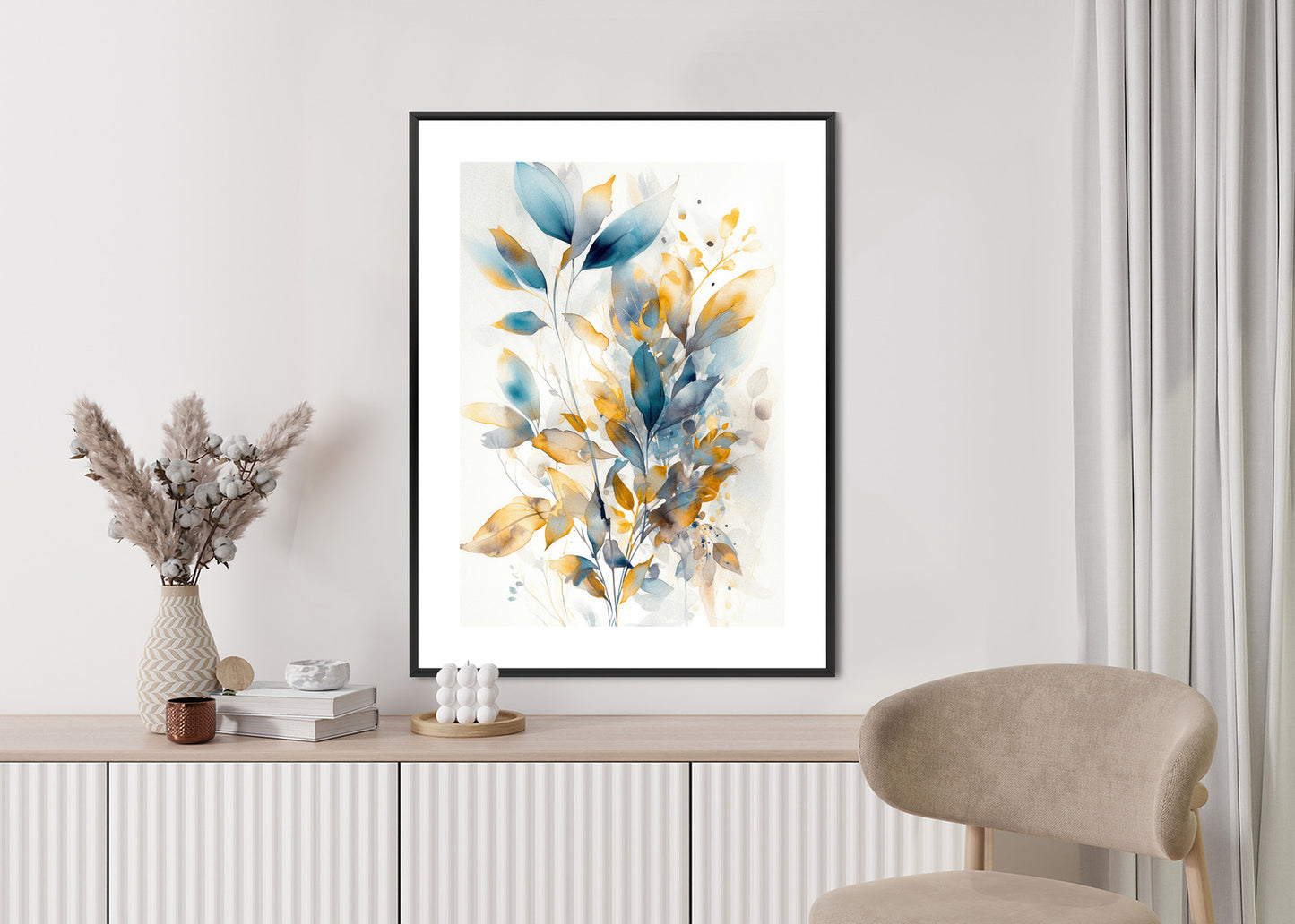 Poster Wunderschöne Transparente Goldblaue Blätter Rahmen Holz Mit Passepartout Farbe Natürlich