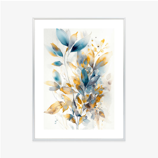 Poster Wunderschöne Transparente Goldblaue Blätter Rahmen Holz Mit Passepartout Farbe Natürlich