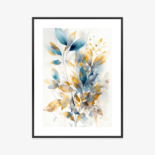 Poster Wunderschöne Transparente Goldblaue Blätter Rahmen Holz Mit Passepartout Farbe Natürlich