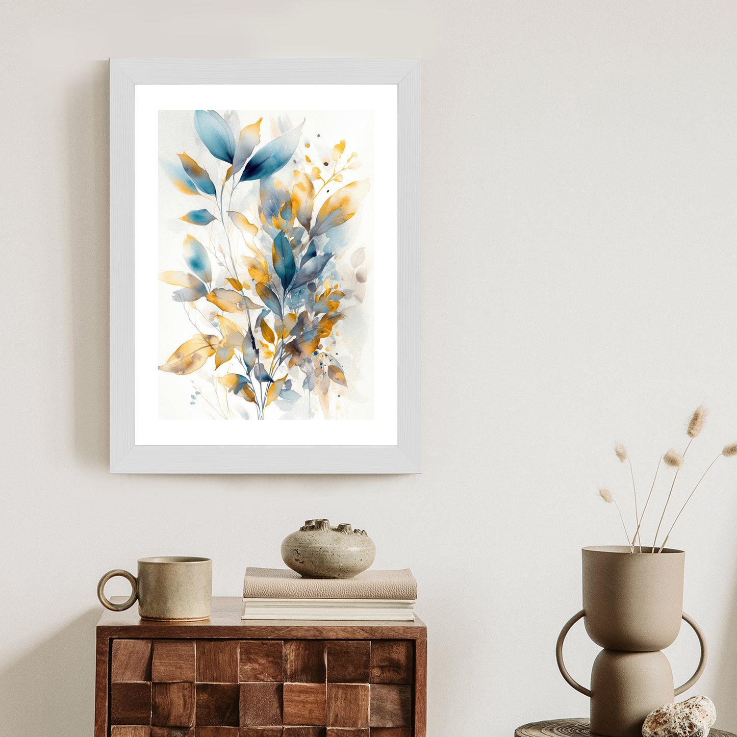 Poster Wunderschöne Transparente Goldblaue Blätter Rahmen Holz Mit Passepartout Farbe Natürlich