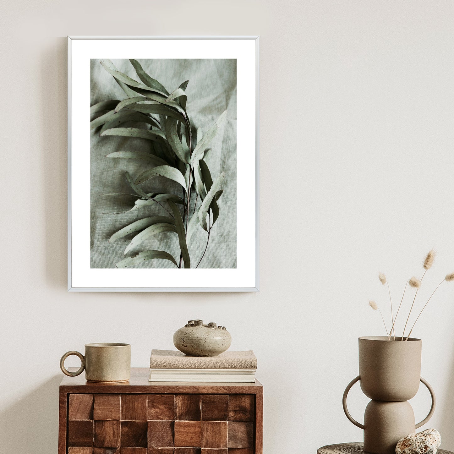 Poster Grüner Zweig Mit Trockenem Eukalyptus Rahmen Holz Mit Passepartout Farbe Natürlich