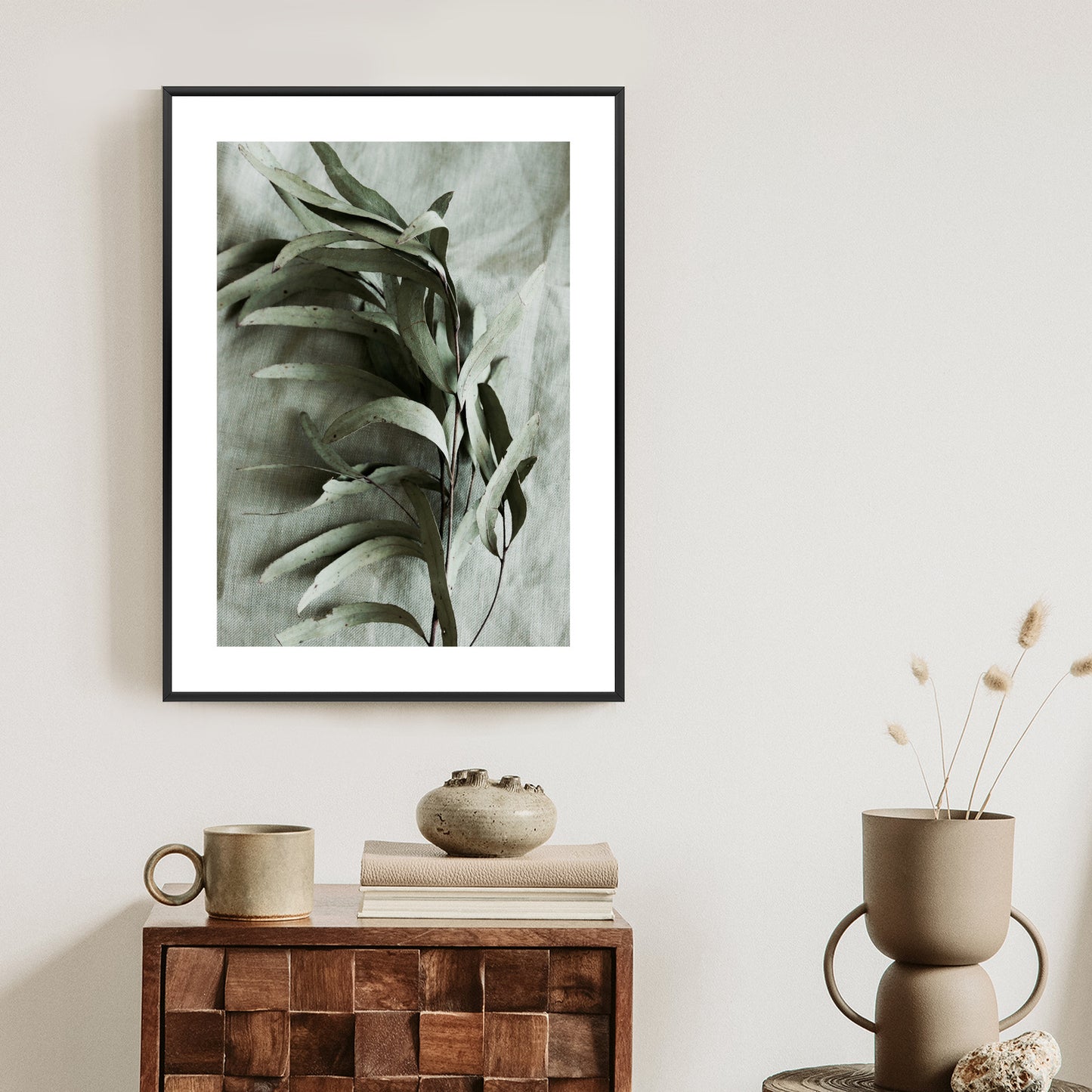 Poster Grüner Zweig Mit Trockenem Eukalyptus Rahmen Holz Mit Passepartout Farbe Natürlich