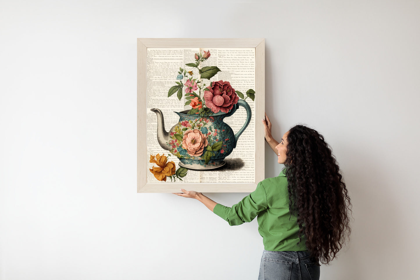 Poster Wasserkocher Mit Blumen Und Alter Zeitung Rahmen Holz Mit Passepartout Farbe Natürlich