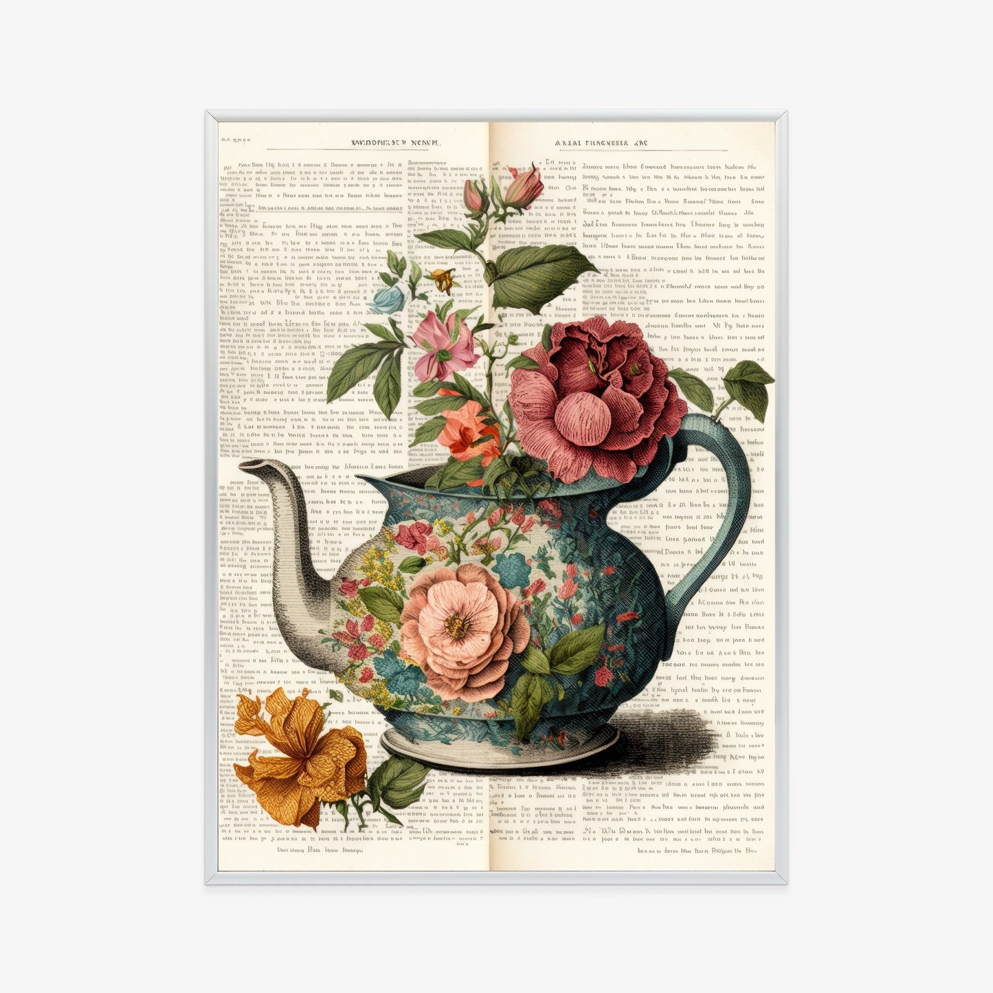 Poster Wasserkocher Mit Blumen Und Alter Zeitung Rahmen Holz Mit Passepartout Farbe Natürlich