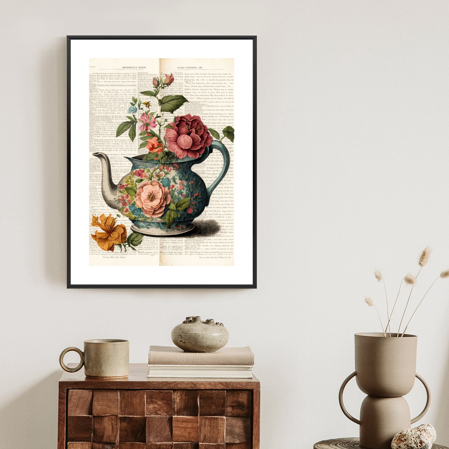 Poster Wasserkocher Mit Blumen Und Alter Zeitung Rahmen Holz Mit Passepartout Farbe Natürlich