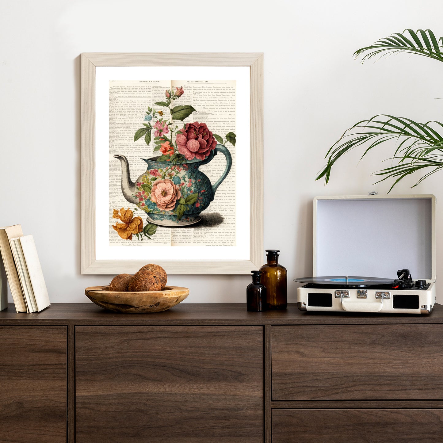 Poster Wasserkocher Mit Blumen Und Alter Zeitung Rahmen Holz Mit Passepartout Farbe Natürlich