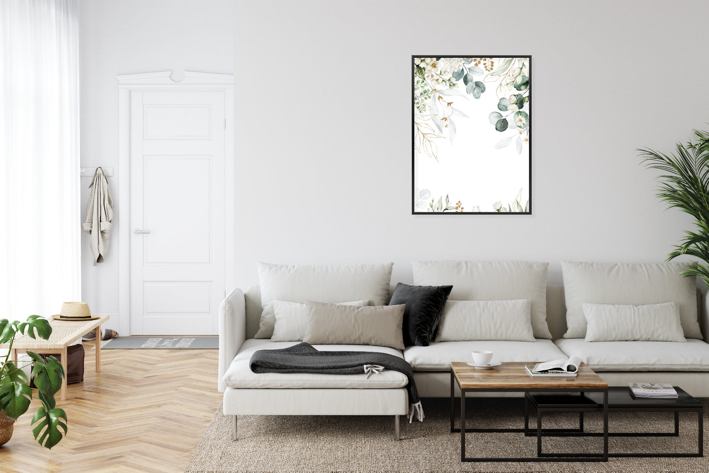 Poster Aquarell Aus Eukalyptusblättern Und Weißen Blüten Rahmen Holz Mit Passepartout Farbe Natürlich