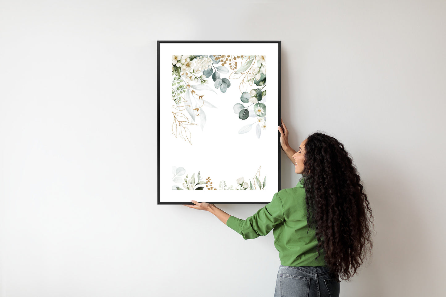 Poster Aquarell Aus Eukalyptusblättern Und Weißen Blüten Rahmen Holz Mit Passepartout Farbe Natürlich