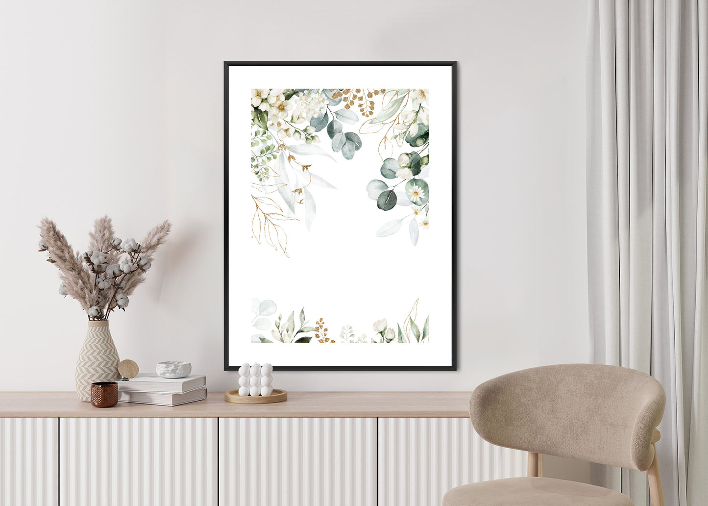 Poster Aquarell Aus Eukalyptusblättern Und Weißen Blüten Rahmen Holz Mit Passepartout Farbe Natürlich
