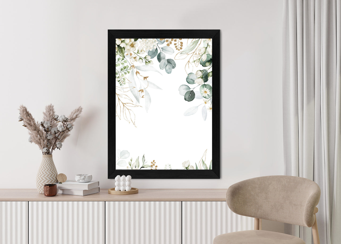 Poster Aquarell Aus Eukalyptusblättern Und Weißen Blüten Rahmen Holz Mit Passepartout Farbe Natürlich