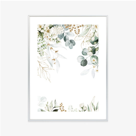 Poster Aquarell Aus Eukalyptusblättern Und Weißen Blüten Rahmen Holz Mit Passepartout Farbe Natürlich