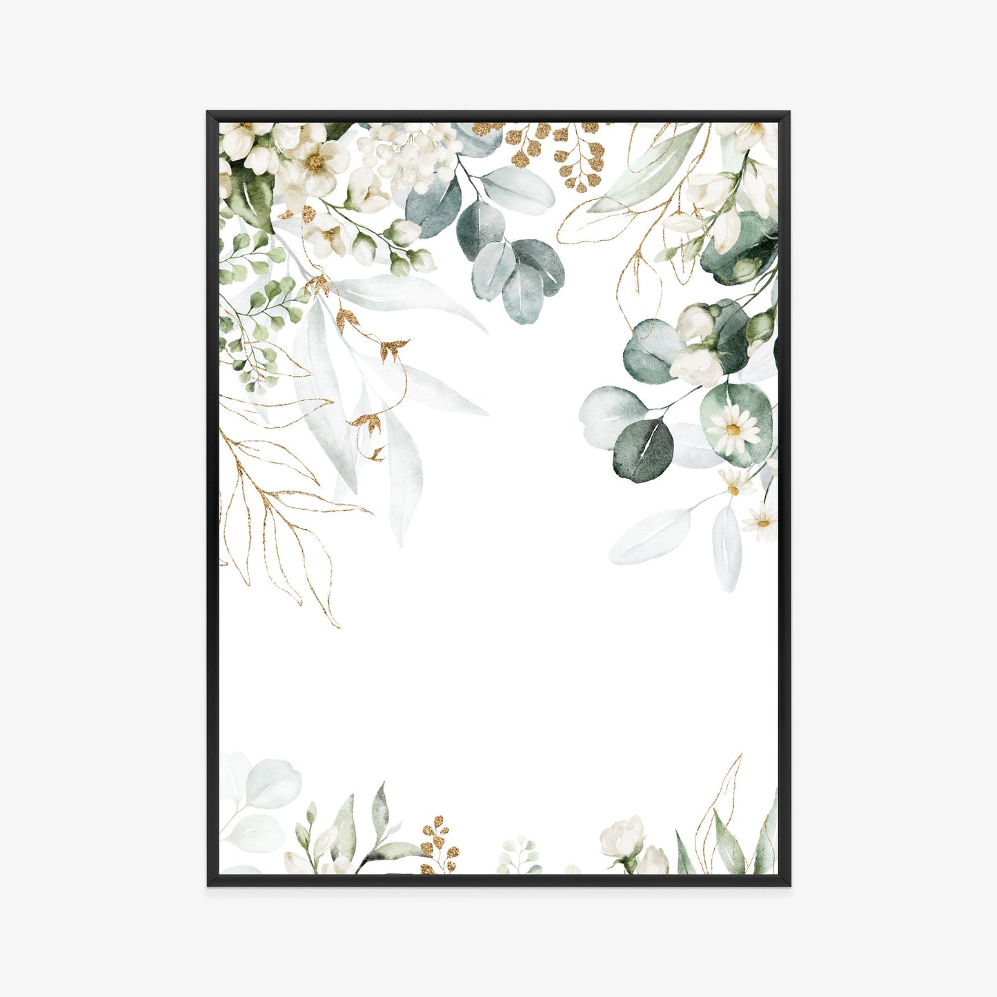 Poster Aquarell Aus Eukalyptusblättern Und Weißen Blüten Rahmen Holz Mit Passepartout Farbe Natürlich