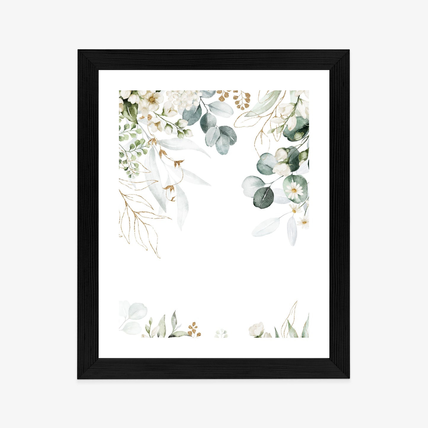 Poster Aquarell Aus Eukalyptusblättern Und Weißen Blüten Rahmen Holz Mit Passepartout Farbe Natürlich
