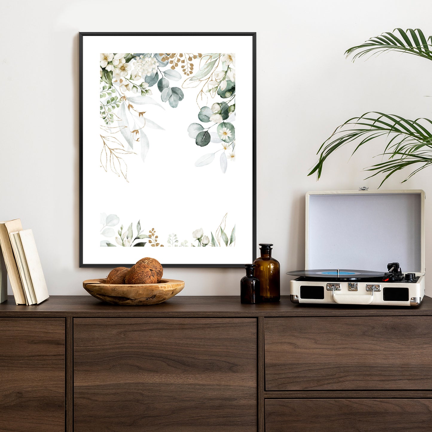 Poster Aquarell Aus Eukalyptusblättern Und Weißen Blüten Rahmen Holz Mit Passepartout Farbe Natürlich