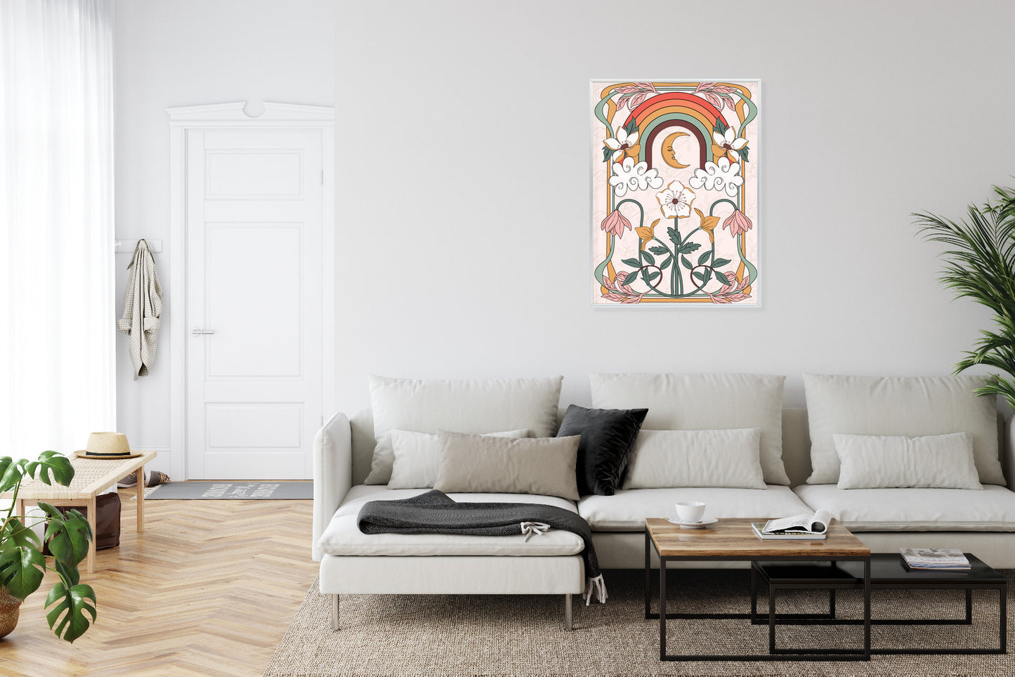 Poster Abstrakte Und Moderne Grafiken Mit Ornamenten Und Pflanzen Rahmen Holz Mit Passepartout Farbe Natürlich