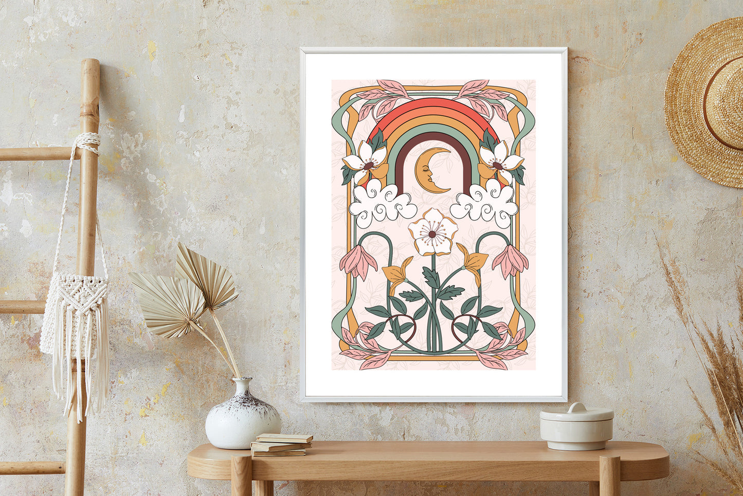 Poster Abstrakte Und Moderne Grafiken Mit Ornamenten Und Pflanzen Rahmen Holz Mit Passepartout Farbe Natürlich