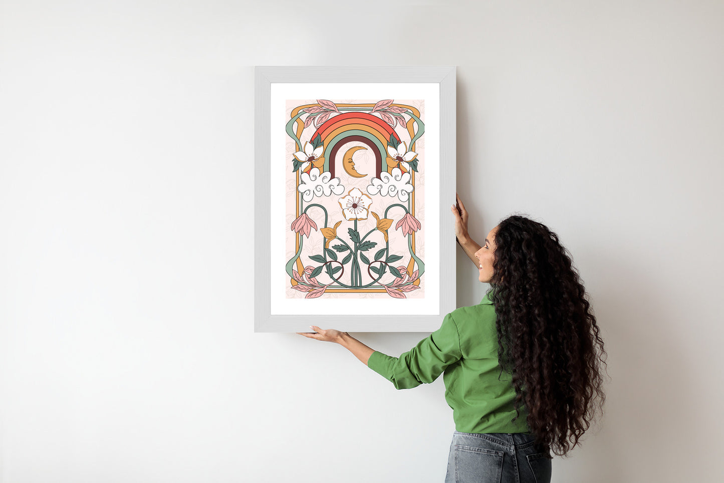 Poster Abstrakte Und Moderne Grafiken Mit Ornamenten Und Pflanzen Rahmen Holz Mit Passepartout Farbe Natürlich