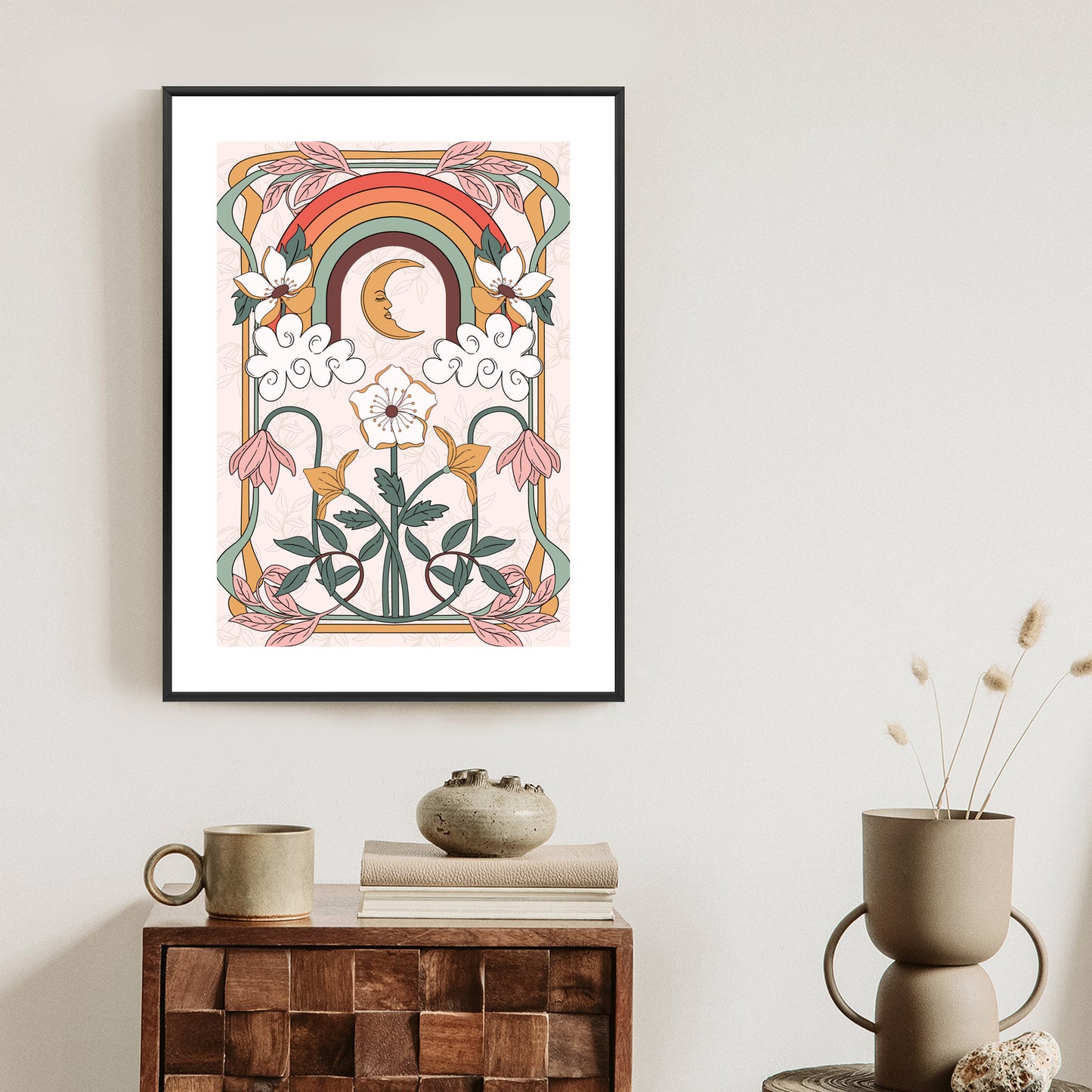 Poster Abstrakte Und Moderne Grafiken Mit Ornamenten Und Pflanzen Rahmen Holz Mit Passepartout Farbe Natürlich